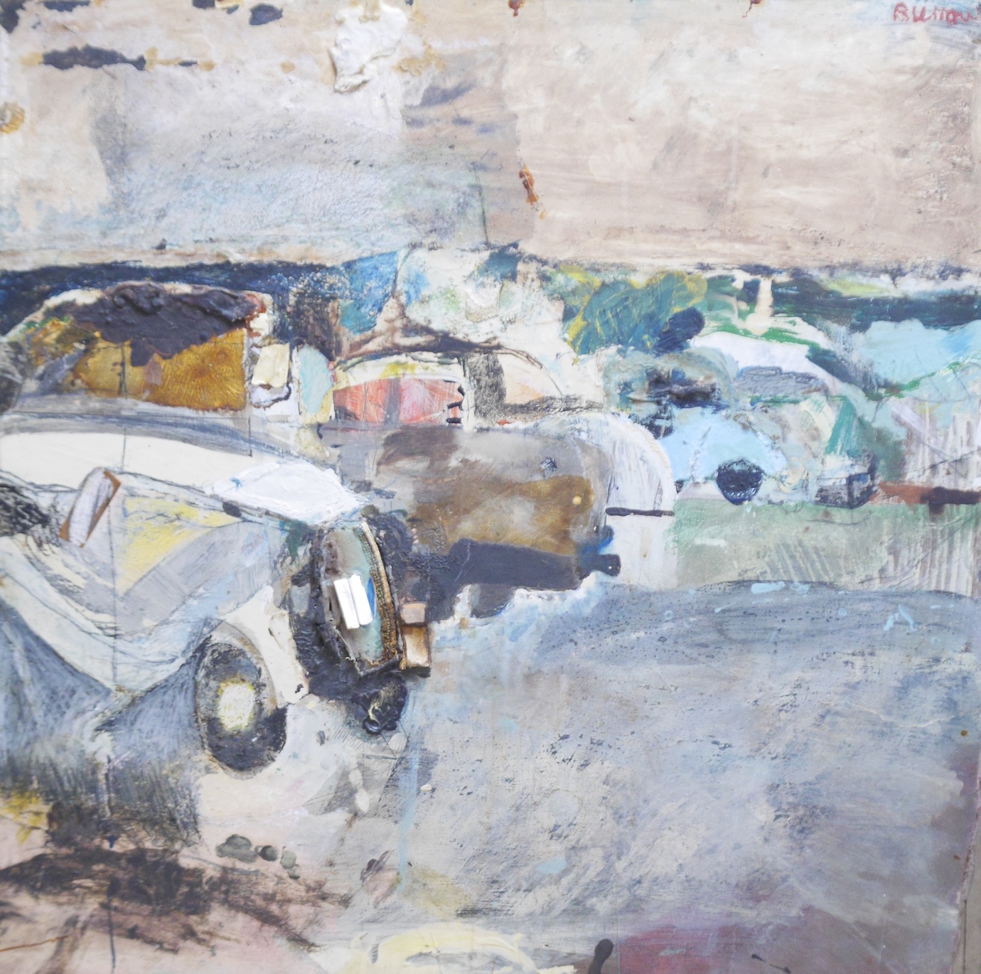 Burrows, oil, mixed media and collage on board, 'Car park', possibly American, signed, 75 x 75cm. Condition - fair, would benefit from a clean